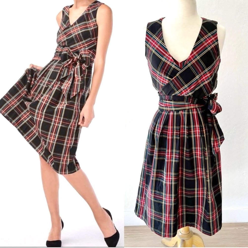 J. Crew V Neck Wrap Tartan Plaid Dress-6 - Picture 5 of 11